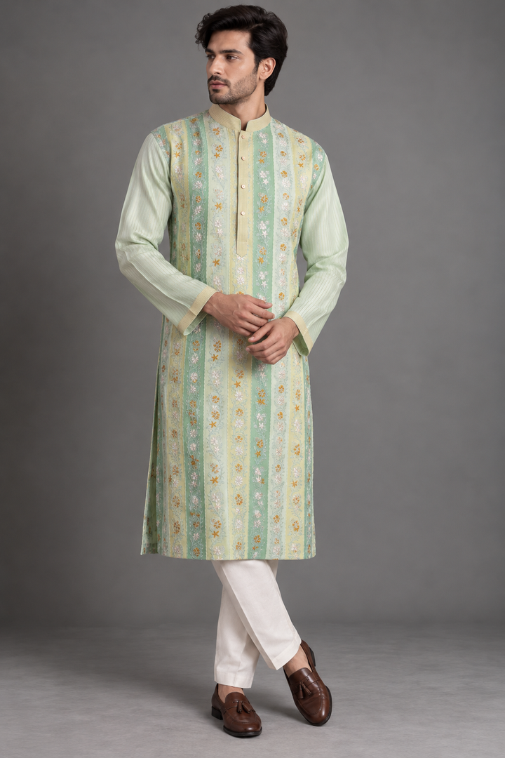 Navy Blue Chanderi Kurta for Men | Jaal Embroidered Designer Kurta | Luxury Wedding & Festive Wear