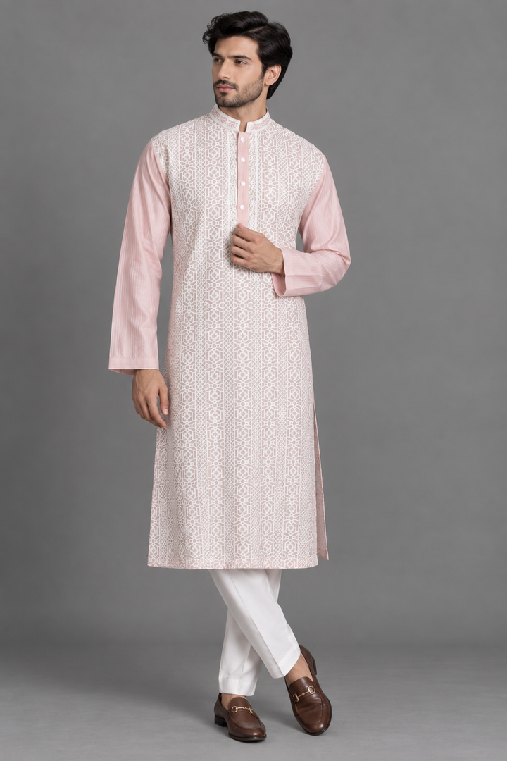 Pink Chanderi Kurta for Men | Laser Cut & Stitchline Designer Kurta | Wedding & Festive Wear