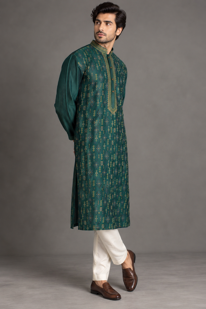 Green Chanderi Kurta for Men | Booti Embroidered Designer Kurta | Luxury Wedding & Festive Wear