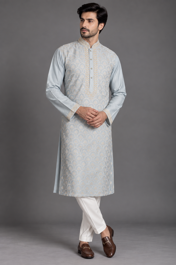 Aqua Chanderi Kurta for Men | Geometric Jaal Embroidered Designer Kurta | Wedding & Festive Wear