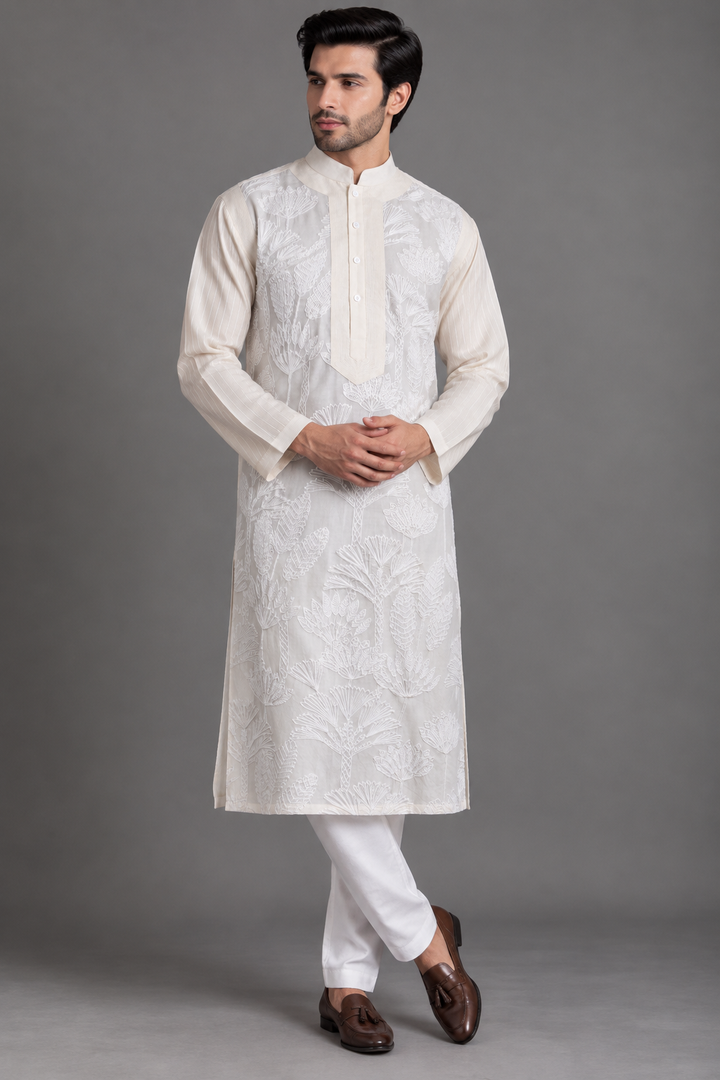 Off-White Chanderi Kurta for Men | Aari & Hand Embroidered Designer Kurta | Luxury Wedding & Festive Wear