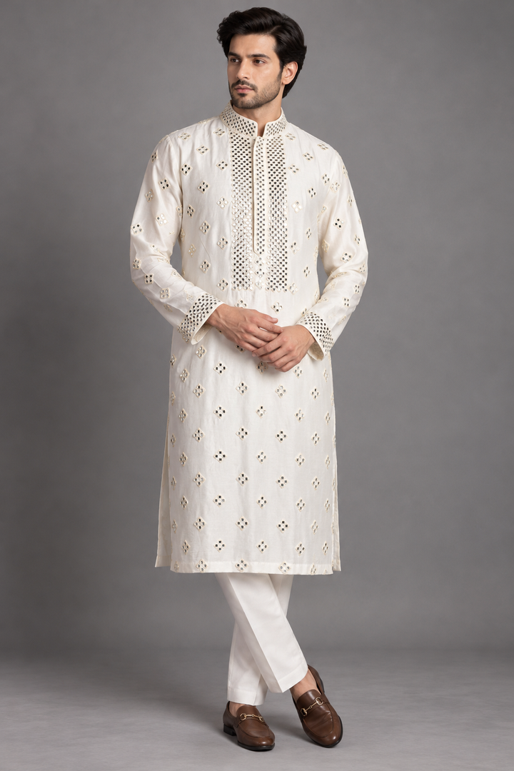 Off-White Chanderi Kurta for Men | Mirror Work Embroidered Designer Kurta | Luxury Wedding & Festive Wear