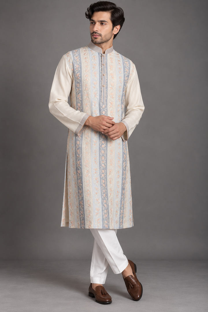 Multicolour Chanderi Kurta for Men | Aari Embroidered Designer Kurta | Wedding & Festive Wear