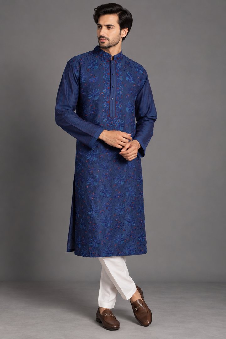 Navy Blue Chanderi Kurta for Men | Jaal Embroidered Designer Kurta | Luxury Wedding & Festive Wear