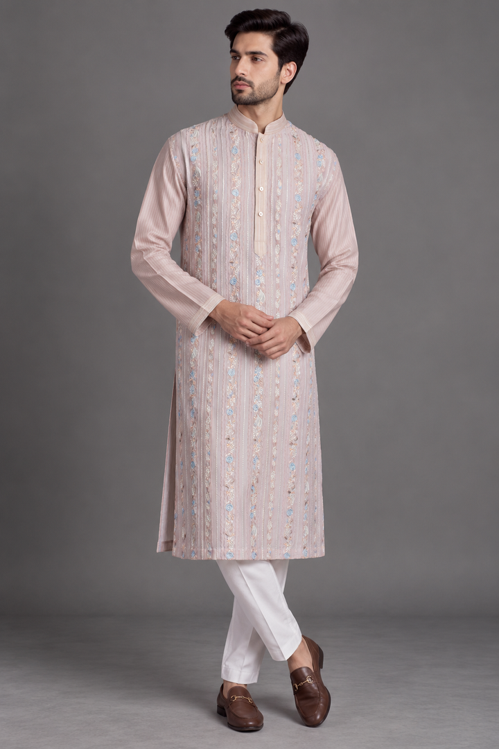 Peach Chanderi Kurta for Men | Machine Embroidered Designer Kurta | Wedding & Festive Wear