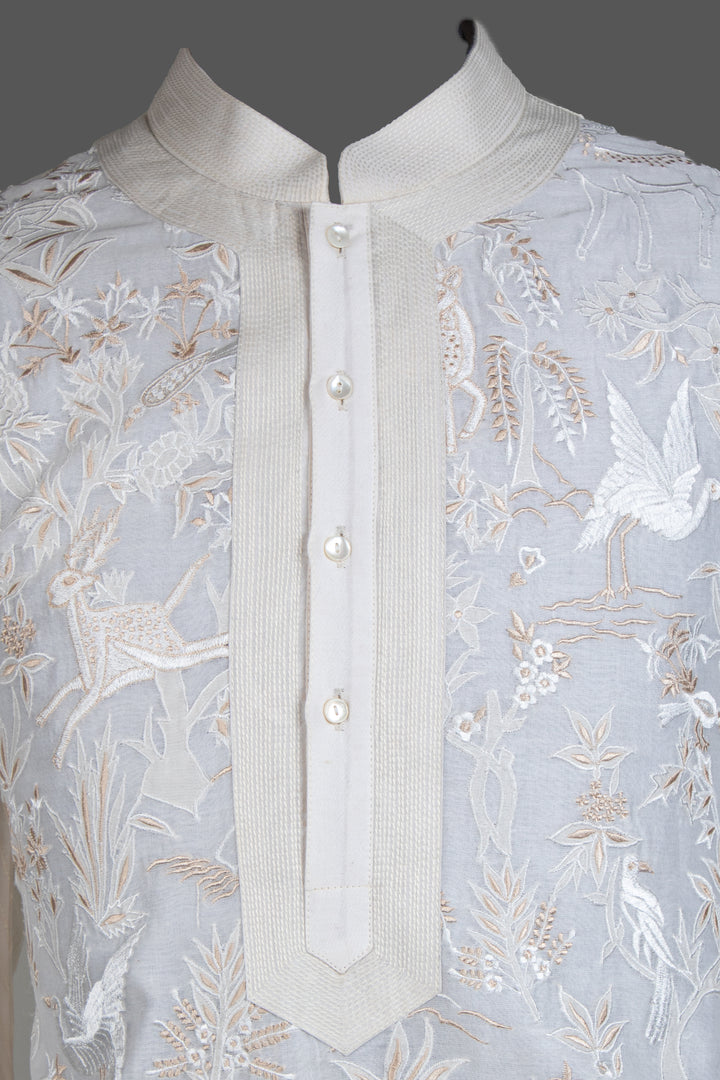 Off-White Chanderi Kurta for Men | Jaal Embroidered Designer Kurta | Wedding & Festive Wear
