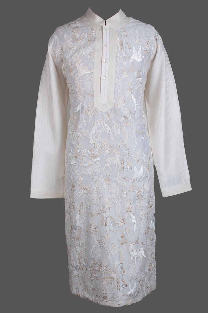 Off-White Chanderi Kurta for Men | Jaal Embroidered Designer Kurta | Wedding & Festive Wear