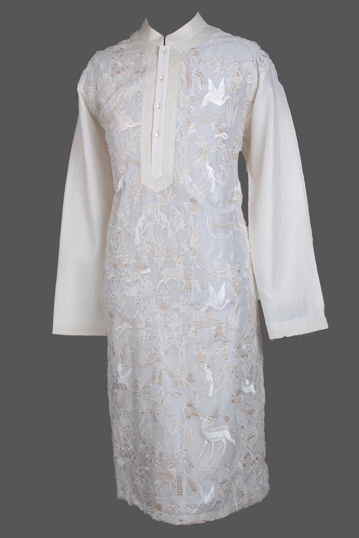 Off-White Chanderi Kurta for Men | Jaal Embroidered Designer Kurta | Wedding & Festive Wear