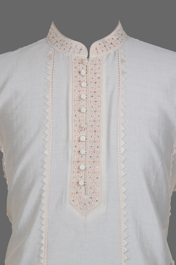 Off-White Chanderi Kurta for Men | Hand Embroidered Designer Kurta | Festive & Wedding Wear