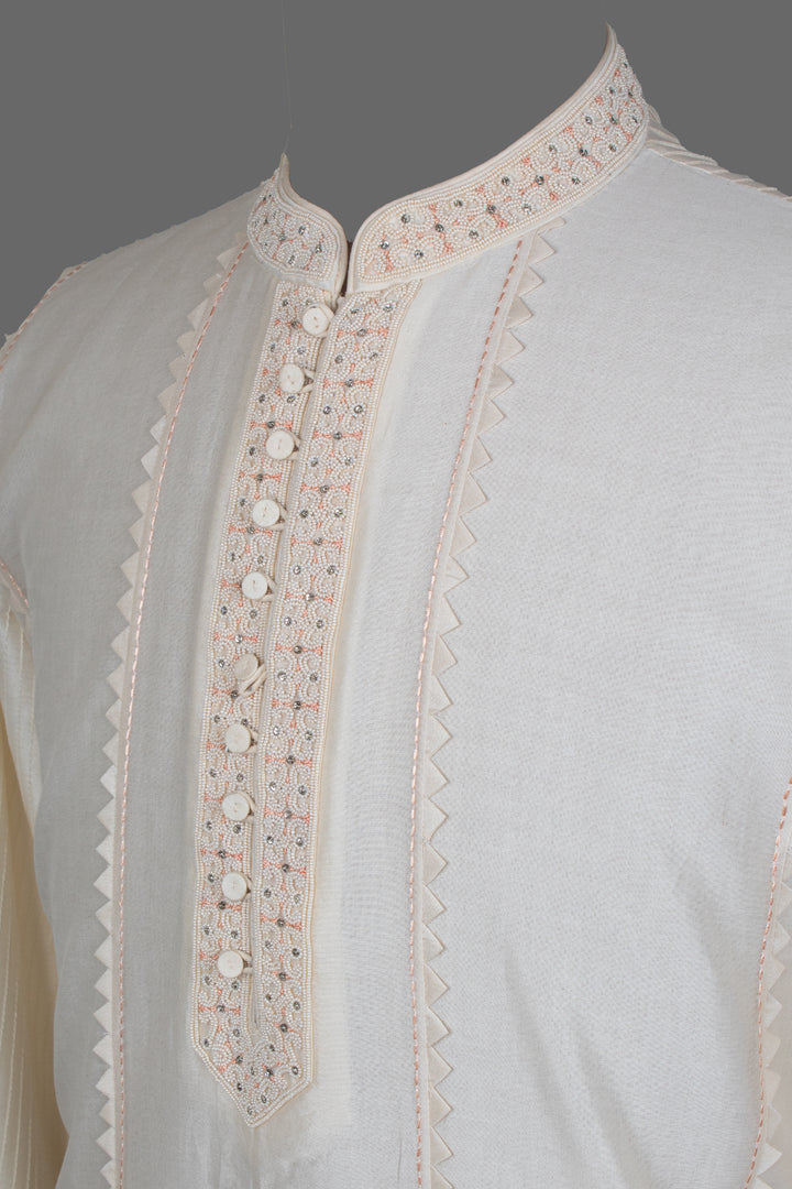Off-White Chanderi Kurta for Men | Hand Embroidered Designer Kurta | Festive & Wedding Wear