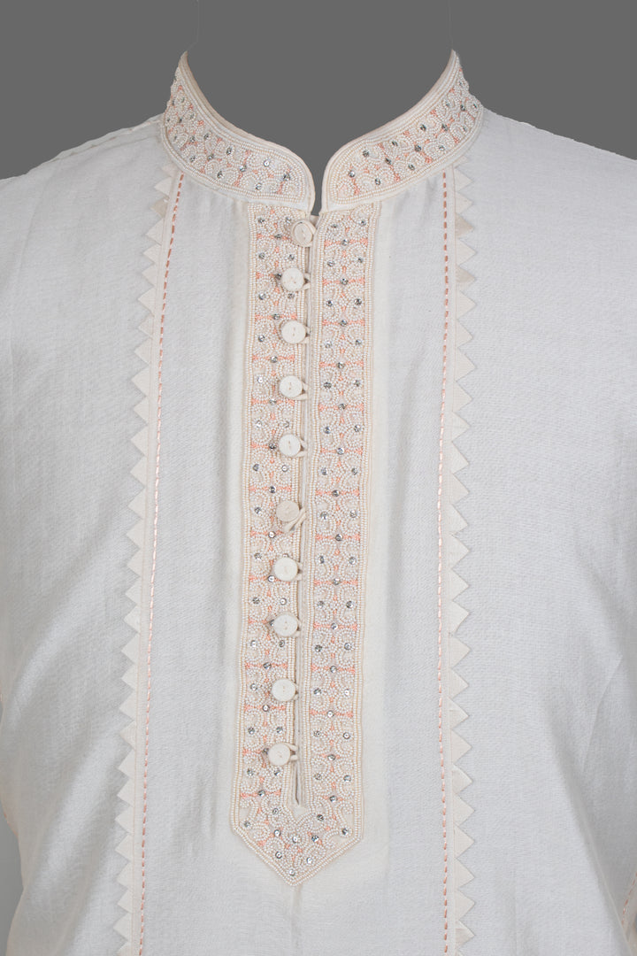 Off-White Chanderi Kurta for Men | Hand Embroidered Designer Kurta | Festive & Wedding Wear