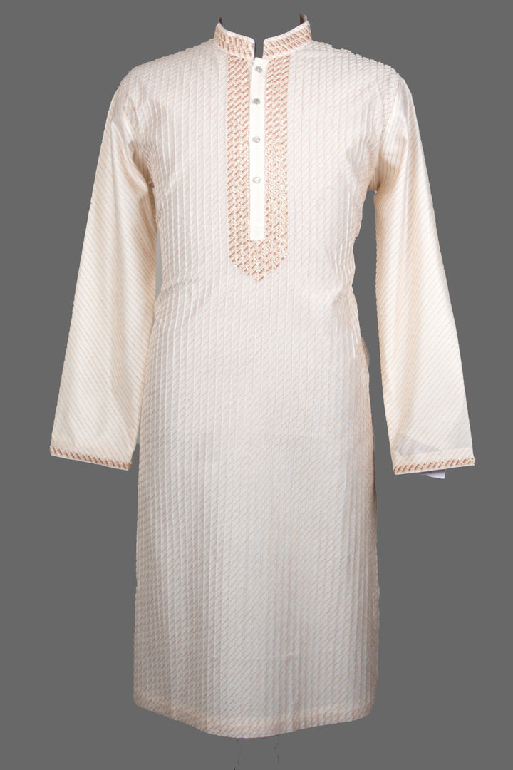 Off-White Chanderi Kurta for Men | Hand Embroidered Pintuck Kurta | Luxury Wedding & Festive Wear