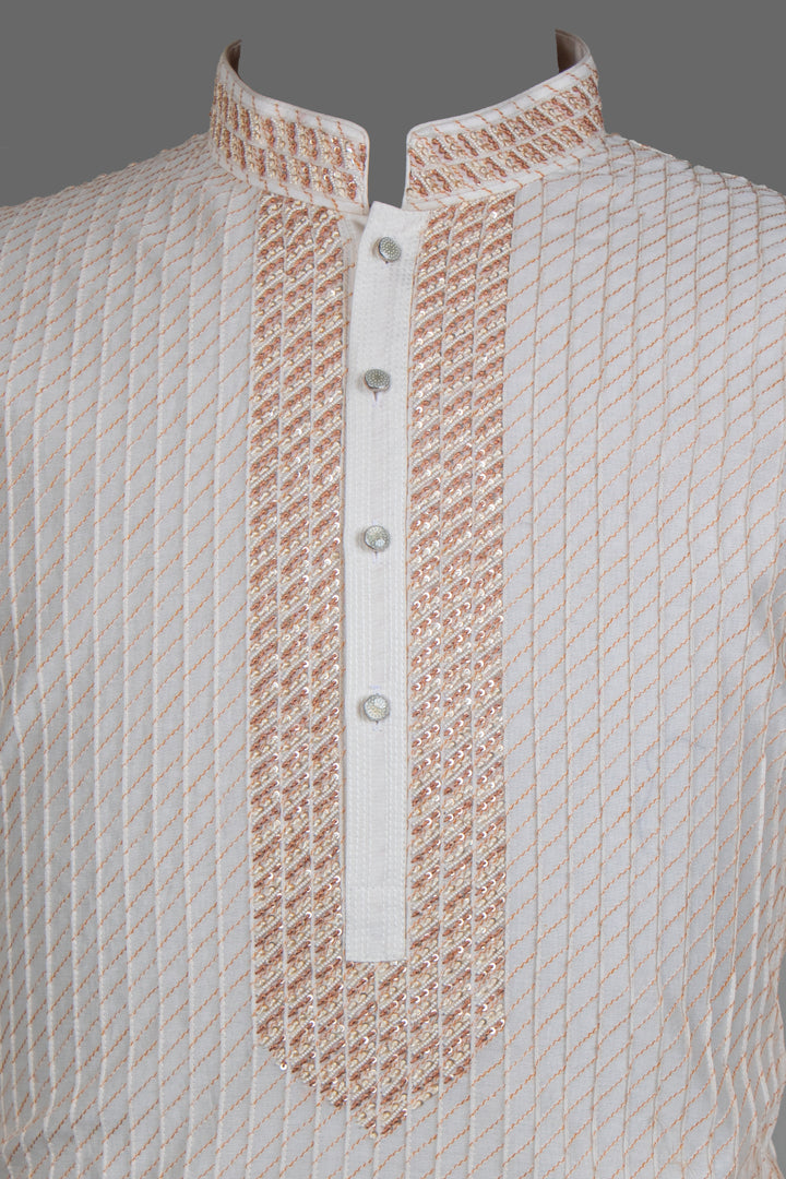 Off-White Chanderi Kurta for Men | Hand Embroidered Pintuck Kurta | Luxury Wedding & Festive Wear