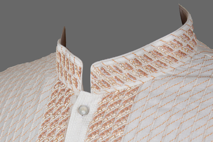 Off-White Chanderi Kurta for Men | Hand Embroidered Pintuck Kurta | Luxury Wedding & Festive Wear