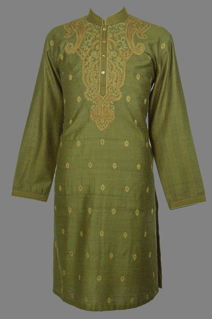 Green Matka Silk Kurta Set for Men | Hand & Machine Embroidered Designer Kurta with Pant & Churidar | Festive & Wedding Wear