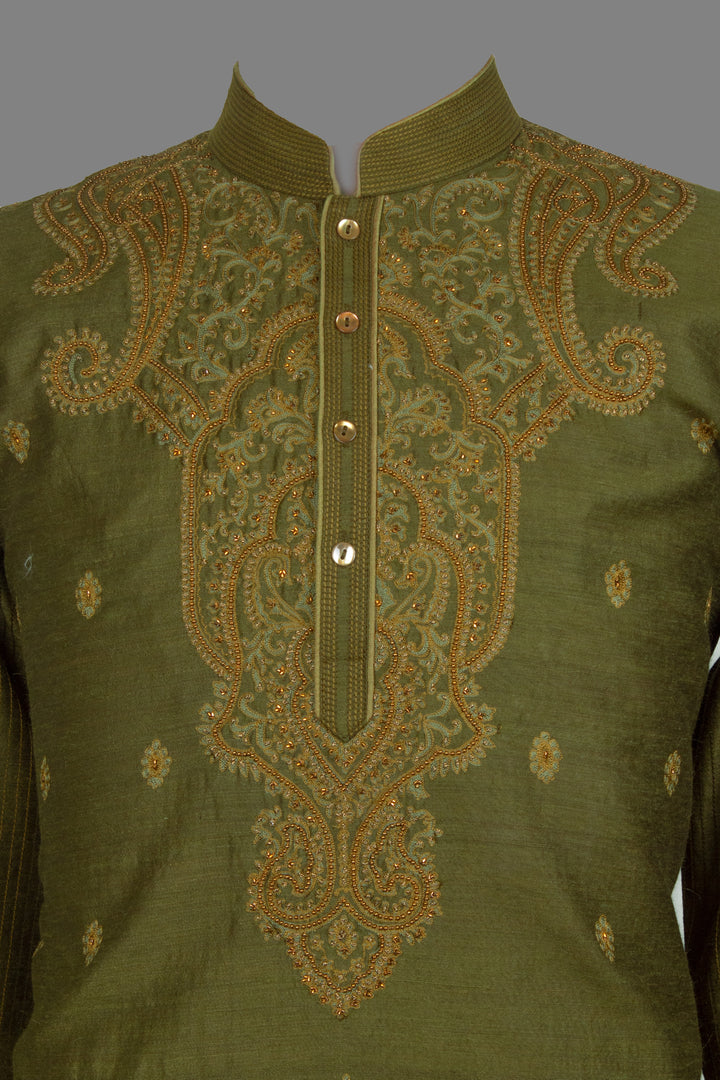 Green Matka Silk Kurta Set for Men | Hand & Machine Embroidered Designer Kurta with Pant & Churidar | Festive & Wedding Wear