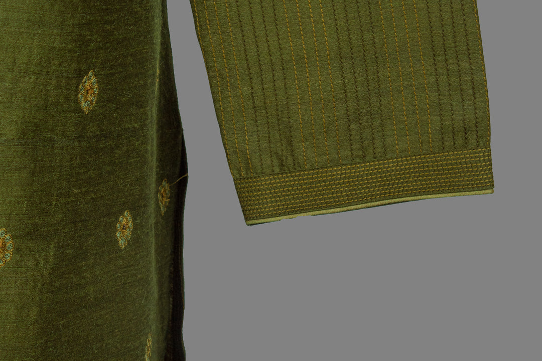 Green Matka Silk Kurta Set for Men | Hand & Machine Embroidered Designer Kurta with Pant & Churidar | Festive & Wedding Wear