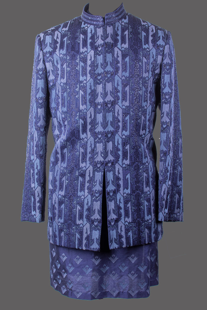 Navy Blue Silk Bandhgala Set for Men | Embroidered Designer Bandhgala with Kurta & Pant | Wedding & Festive Wear
