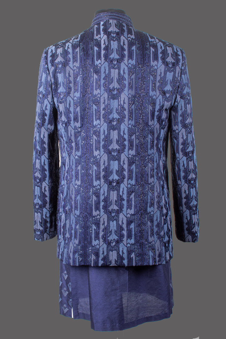 Navy Blue Silk Bandhgala Set for Men | Embroidered Designer Bandhgala with Kurta & Pant | Wedding & Festive Wear