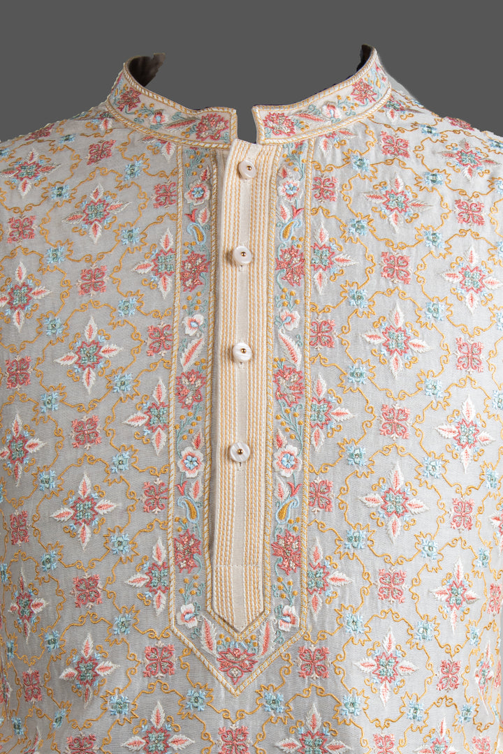 Cream Chanderi Kurta for Men | Machine Embroidered Designer Kurta | Premium Wedding & Festive Wear
