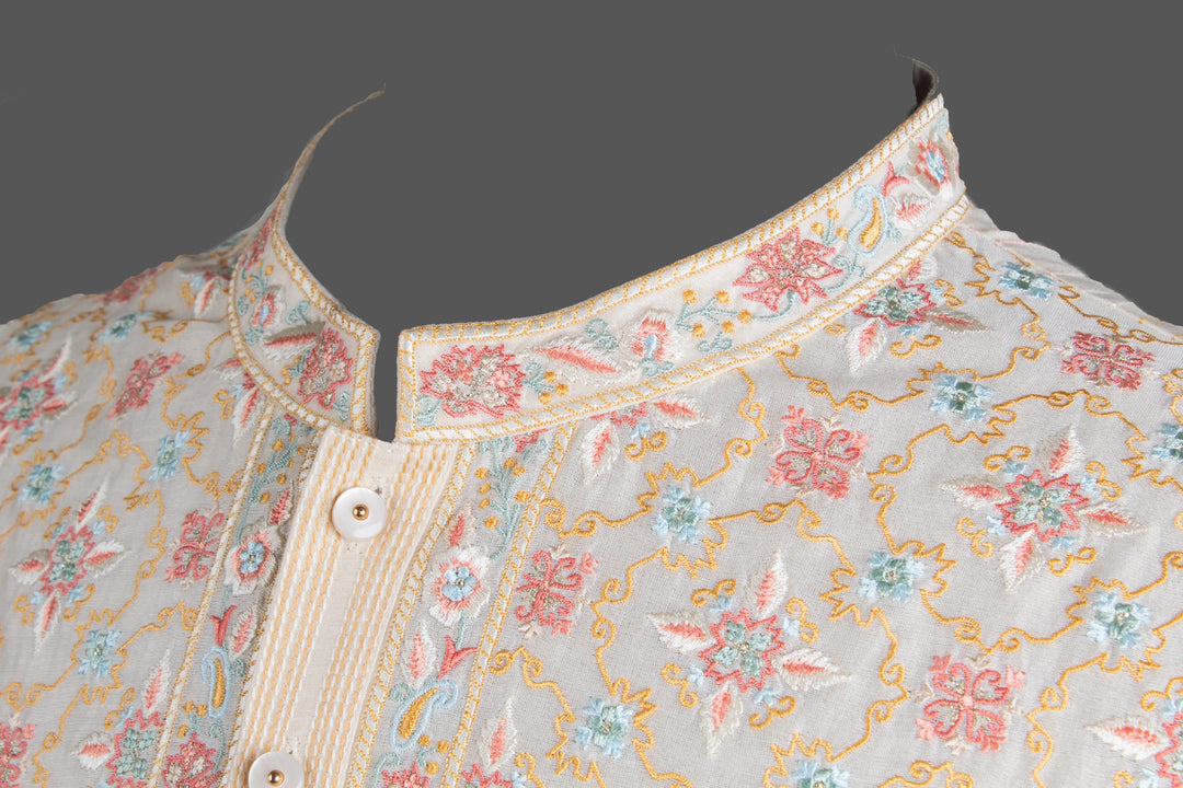 Cream Chanderi Kurta for Men | Machine Embroidered Designer Kurta | Premium Wedding & Festive Wear