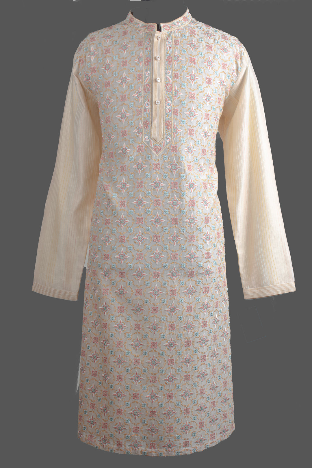 Cream Chanderi Kurta for Men | Machine Embroidered Designer Kurta | Premium Wedding & Festive Wear