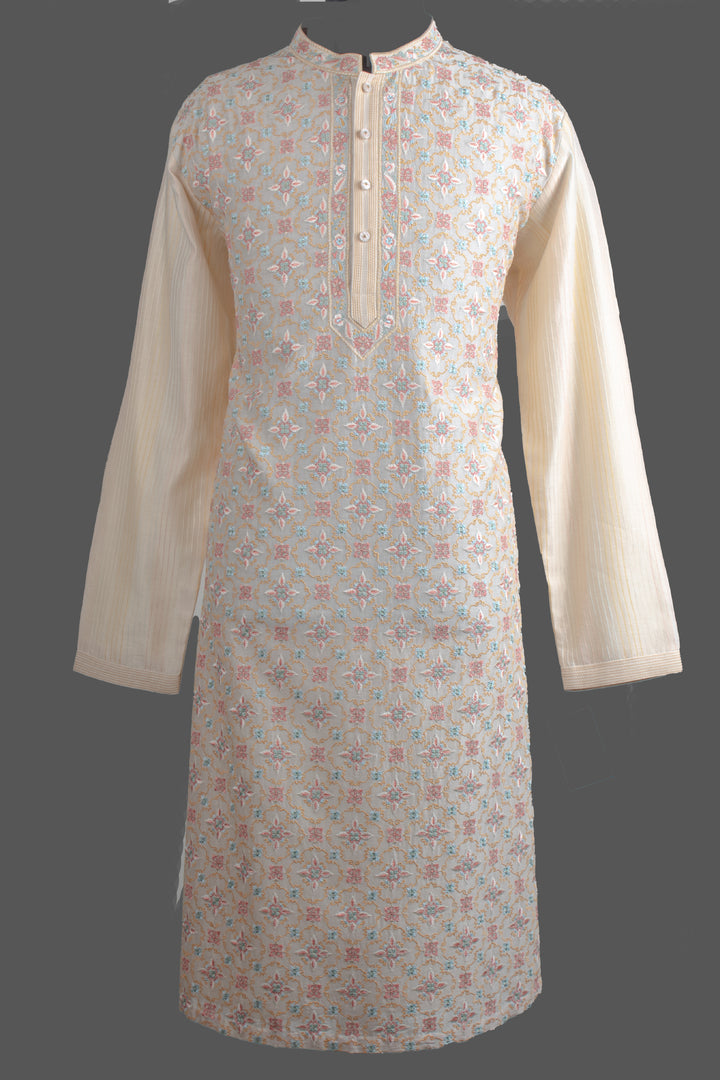 Cream Chanderi Kurta for Men | Machine Embroidered Designer Kurta | Premium Wedding & Festive Wear