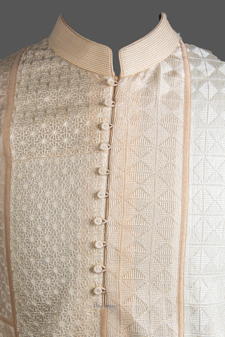 Cream Chanderi Kurta for Men | Machine Embroidered Designer Kurta | Wedding & Festive Wear
