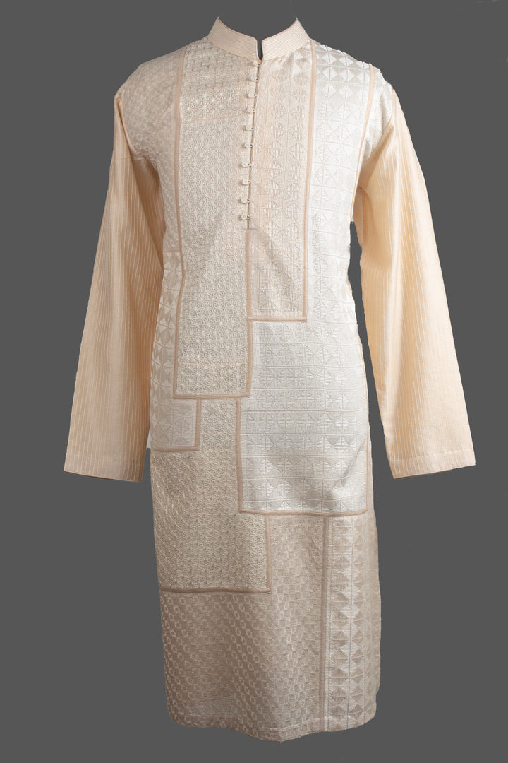 Cream Chanderi Kurta for Men | Machine Embroidered Designer Kurta | Wedding & Festive Wear