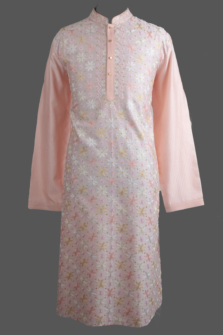 Pink Chanderi Kurta for Men | Aari Booti Embroidered Designer Kurta | Festive &amp; Wedding Wear