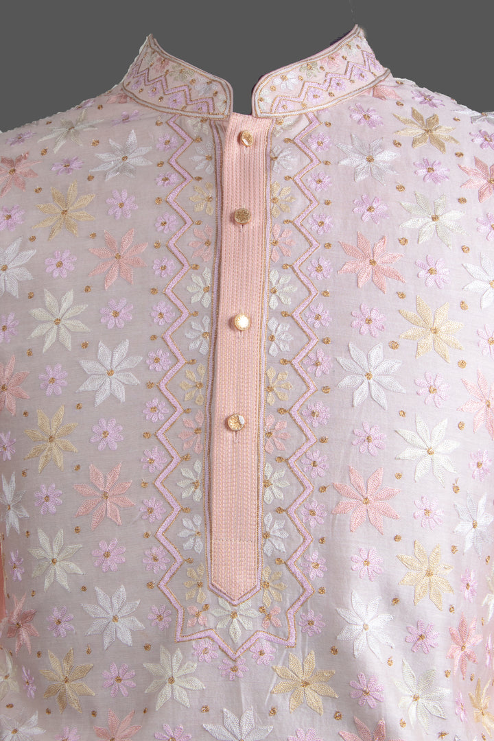 Pink Chanderi Kurta for Men | Aari Booti Embroidered Designer Kurta | Festive &amp; Wedding Wear