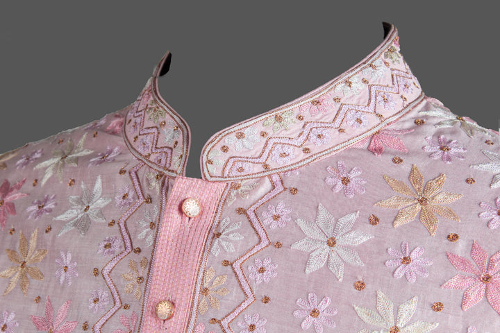 Pink Chanderi Kurta for Men | Aari Booti Embroidered Designer Kurta | Festive &amp; Wedding Wear