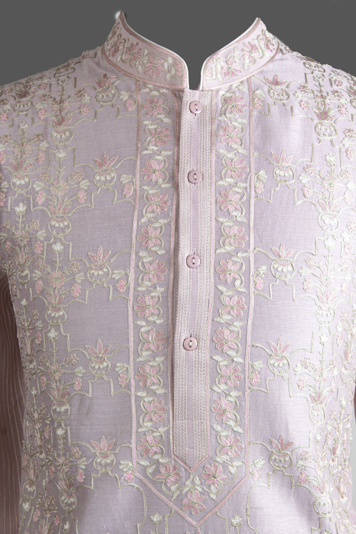Pink Chanderi Kurta for Men | Aari Jaal Embroidered Designer Kurta | Luxury Wedding & Festive Wear
