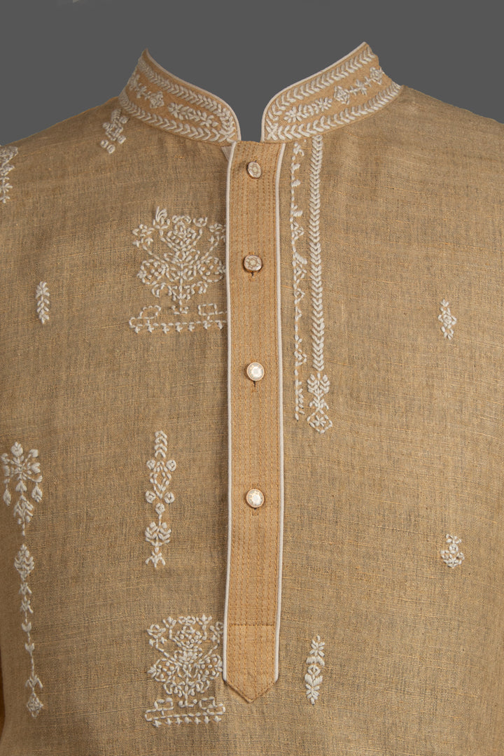 Beige Matka Silk Kurta for Men | Hand Embroidered Designer Kurta | Festive & Wedding Wear