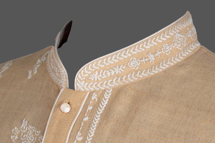 Beige Matka Silk Kurta for Men | Hand Embroidered Designer Kurta | Festive & Wedding Wear