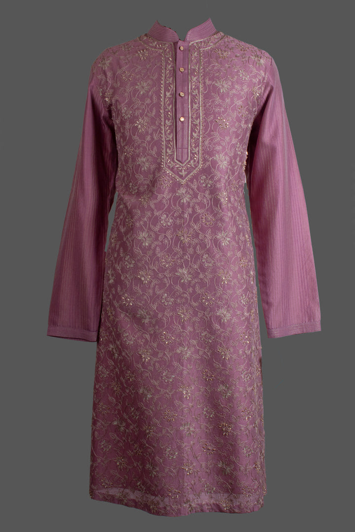 Onion Pink Chanderi Kurta for Men | Aari &amp; Hand Embroidered Designer Kurta | Festive &amp; Wedding Wear