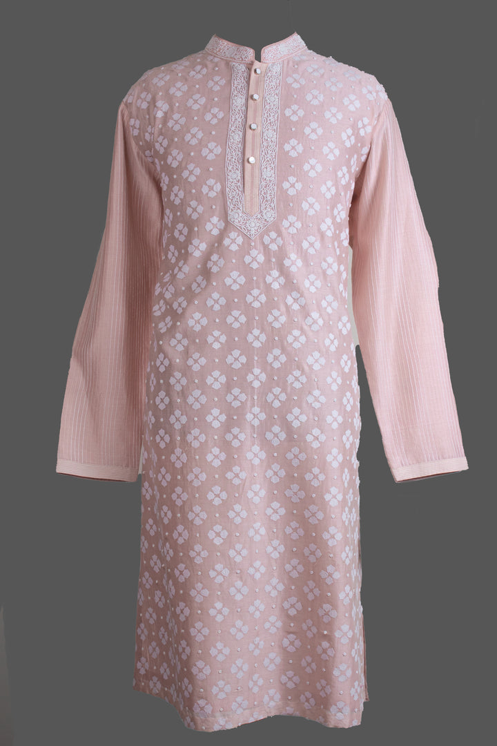 Pink Chanderi Kurta for Men | Patch &amp; Moti Work Designer Kurta | Premium Festive &amp; Wedding Wear