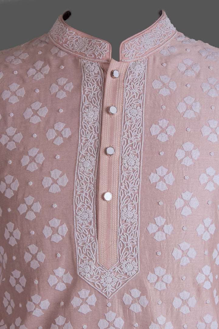 Pink Chanderi Kurta for Men | Patch &amp; Moti Work Designer Kurta | Premium Festive &amp; Wedding Wear