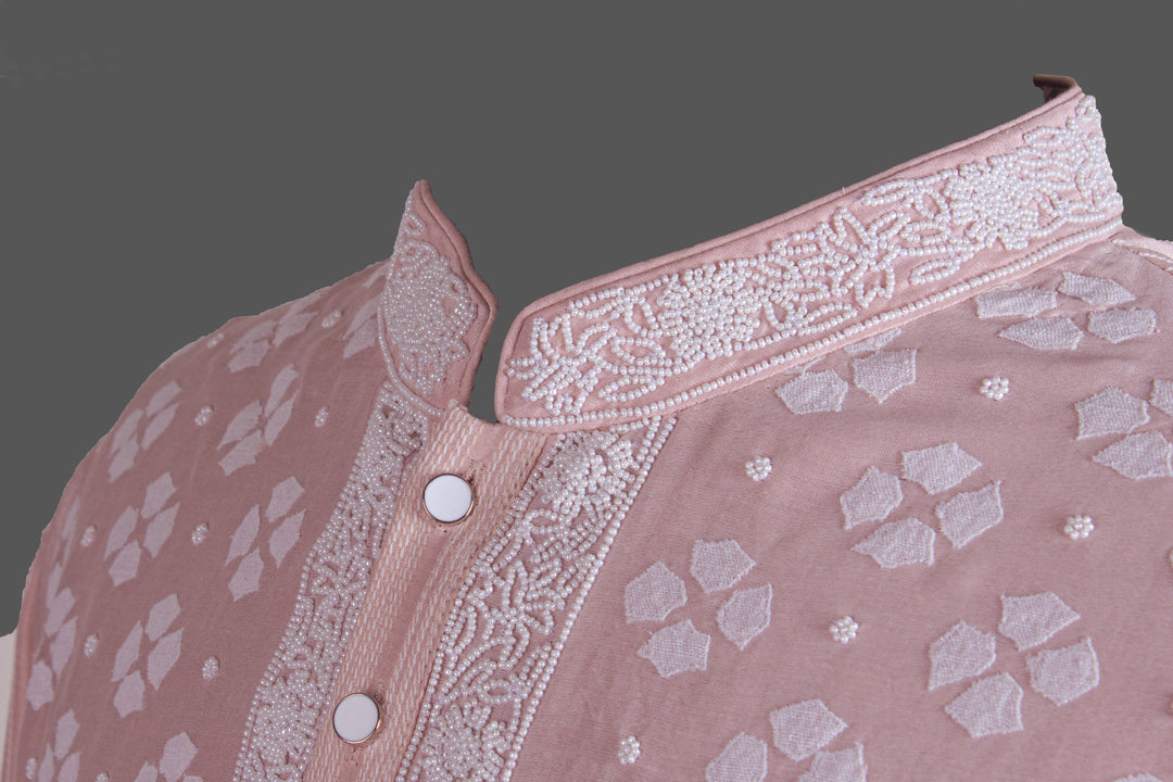 Pink Chanderi Kurta for Men | Patch &amp; Moti Work Designer Kurta | Premium Festive &amp; Wedding Wear