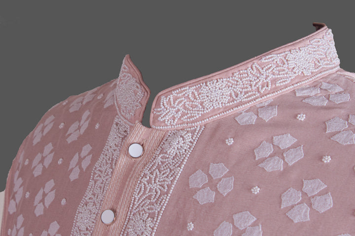 Pink Chanderi Kurta for Men | Patch &amp; Moti Work Designer Kurta | Premium Festive &amp; Wedding Wear