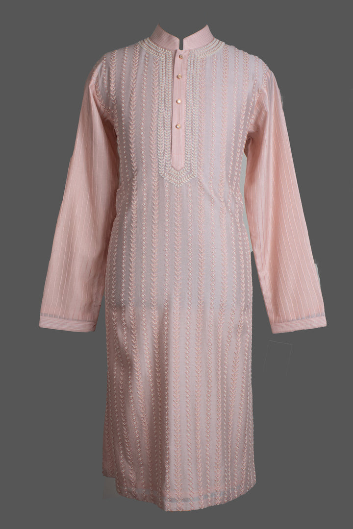 Pink Chanderi Kurta for Men | Aari &amp; Hand Embroidered Designer Kurta | Festive &amp; Wedding Wear