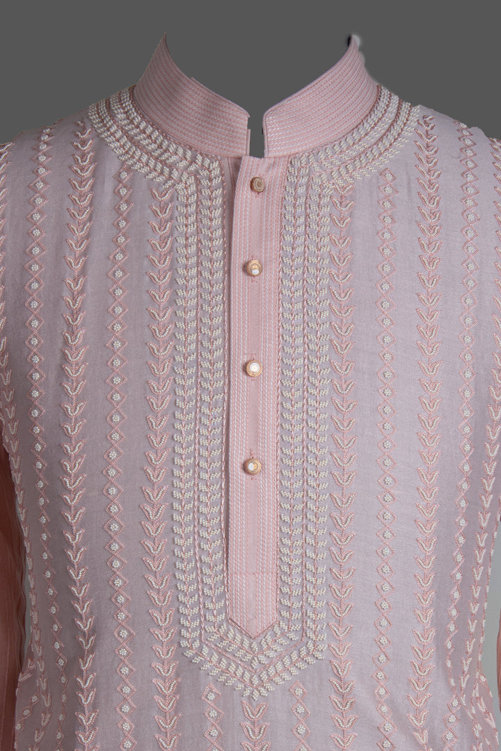 Pink Chanderi Kurta for Men | Aari &amp; Hand Embroidered Designer Kurta | Festive &amp; Wedding Wear