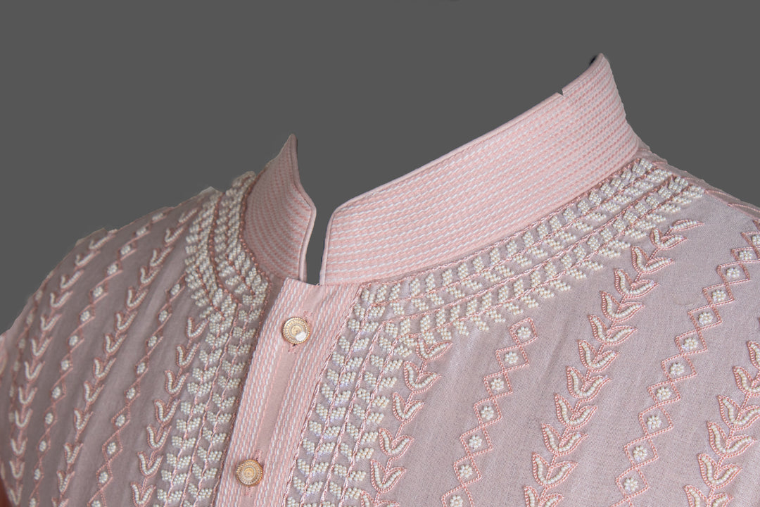 Pink Chanderi Kurta for Men | Aari &amp; Hand Embroidered Designer Kurta | Festive &amp; Wedding Wear