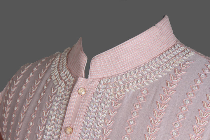 Pink Chanderi Kurta for Men | Aari &amp; Hand Embroidered Designer Kurta | Festive &amp; Wedding Wear
