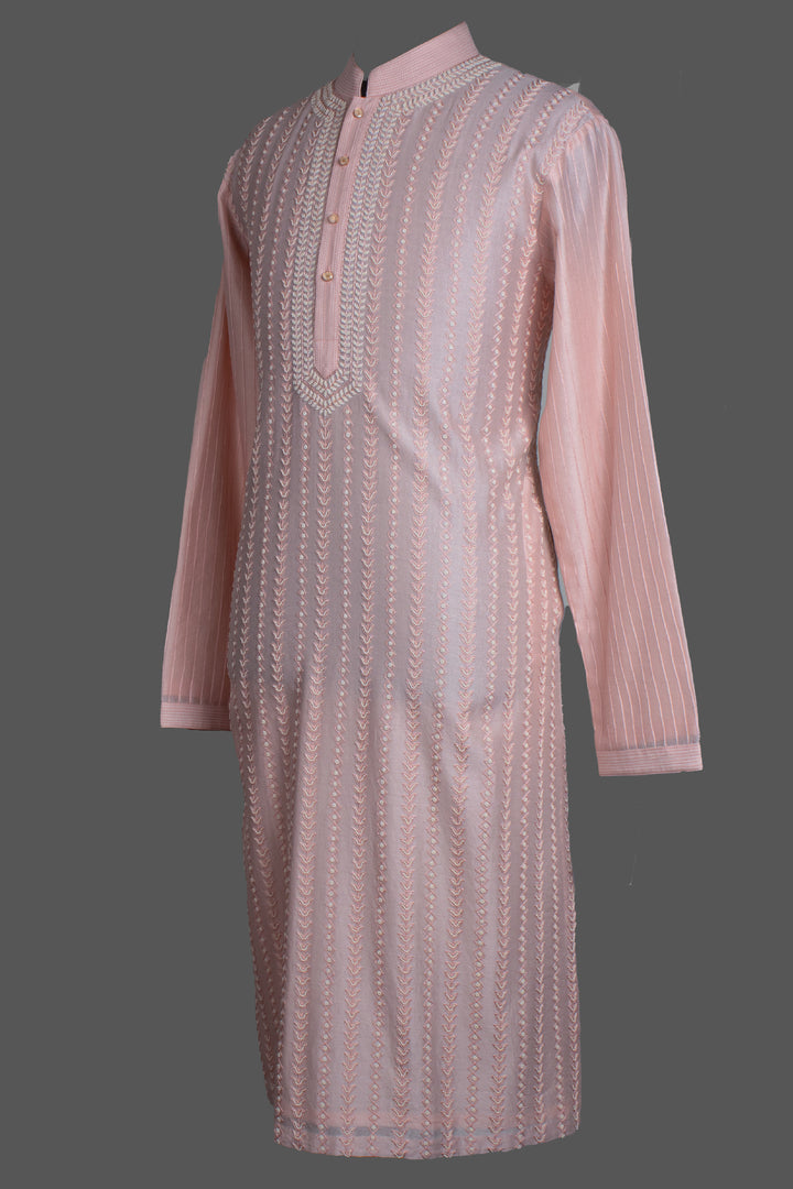 Pink Chanderi Kurta for Men | Aari &amp; Hand Embroidered Designer Kurta | Festive &amp; Wedding Wear