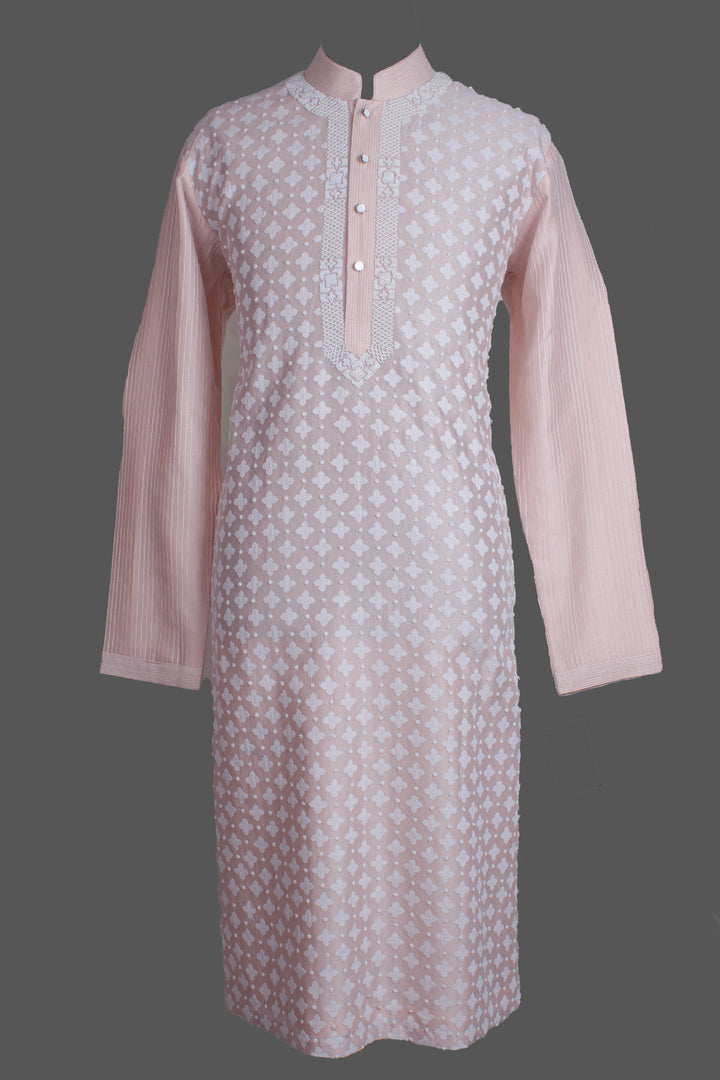 Pink Chanderi Kurta for Men | Patch & Hand Embroidered Designer Kurta | Wedding & Festive Wear