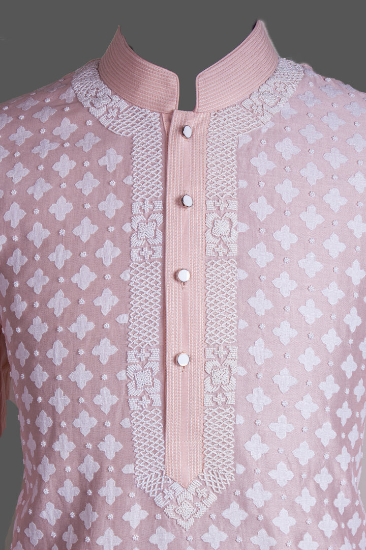 Pink Chanderi Kurta for Men | Patch & Hand Embroidered Designer Kurta | Wedding & Festive Wear
