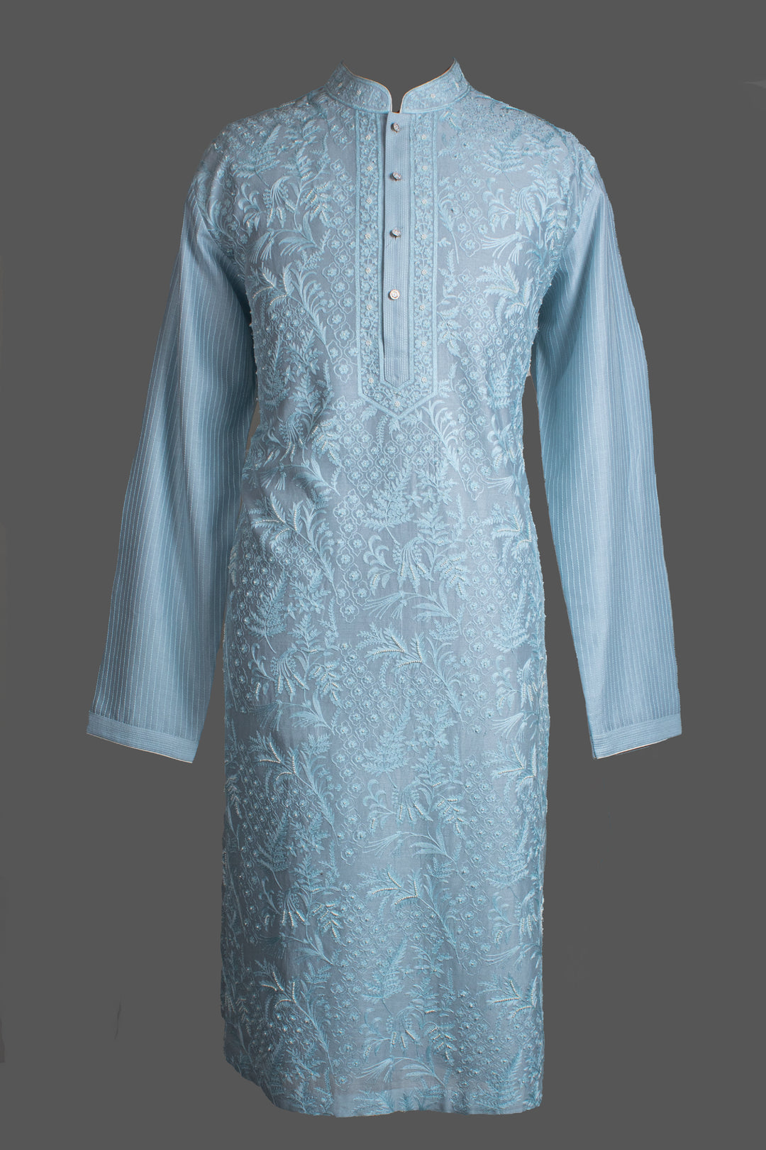 Sky Blue Chanderi Kurta for Men | Aari &amp; Hand Embroidered Designer Kurta | Premium Festive &amp; Wedding Wear
