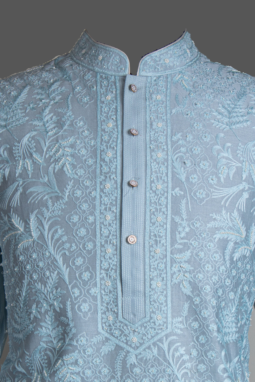Sky Blue Chanderi Kurta for Men | Aari &amp; Hand Embroidered Designer Kurta | Premium Festive &amp; Wedding Wear