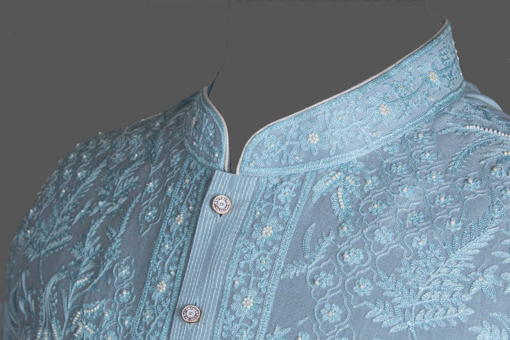 Sky Blue Chanderi Kurta for Men | Aari &amp; Hand Embroidered Designer Kurta | Premium Festive &amp; Wedding Wear